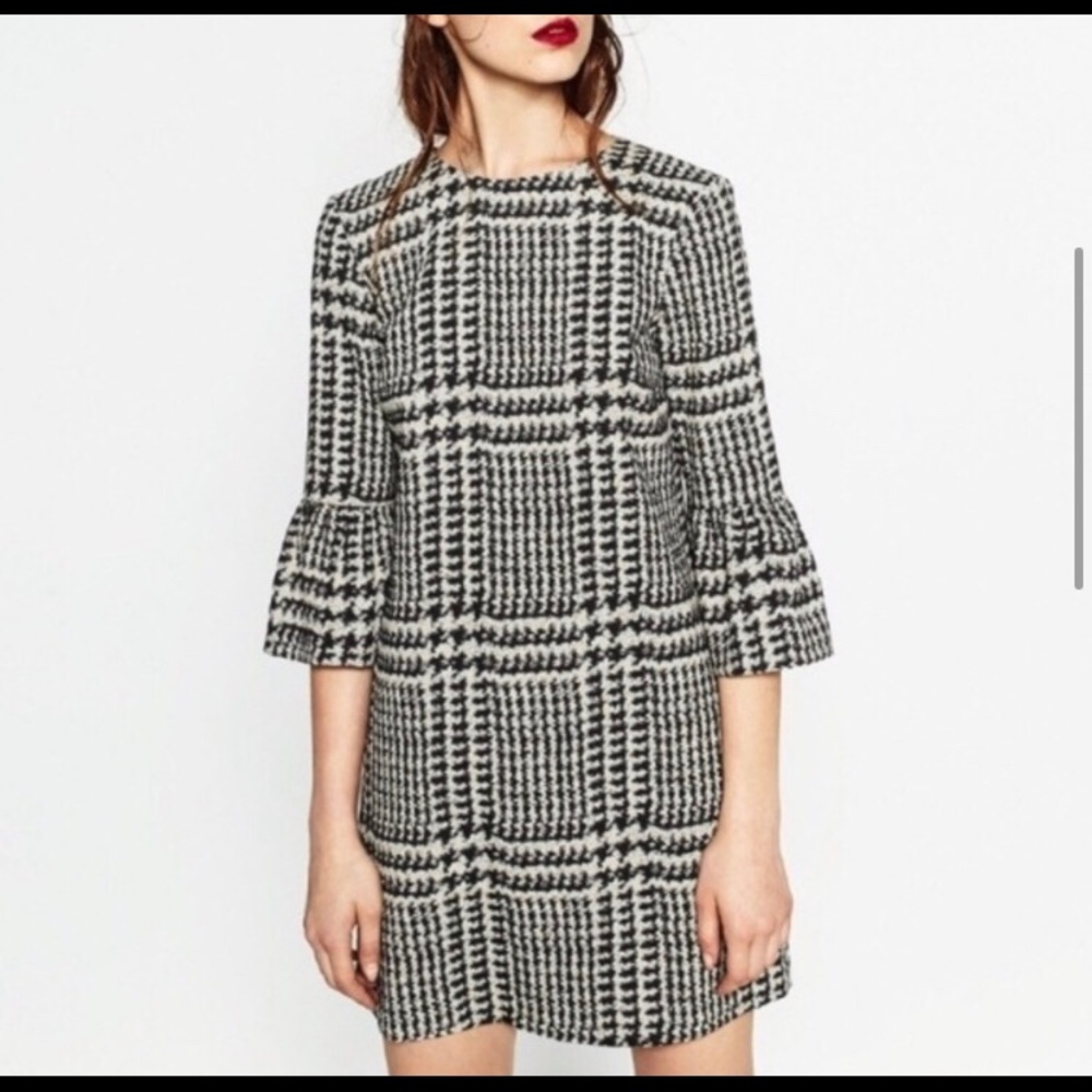 ZARA Houndstooth, Bell-Sleeved Shift Dress
